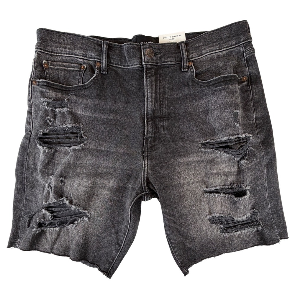 Lucky Brand Distressed Black Denim Shorts Mens‎ Size 36 Athletic Stretch NWT